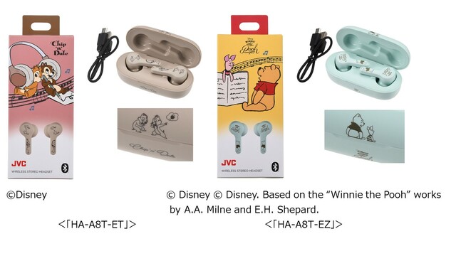 （右）【JVC】プーさん＆ピグレット 完全ワイヤレスイヤホン Enjoy Music　7,150円（税込）品番：HA-A8T-EZ　カラー：ミント（左）【JVC】チップ＆デール 完全ワイヤレスイヤホン Enjoy Music　7,150円（税込）型番：HA-A8T-ET　　カラー：ライトブラウン
