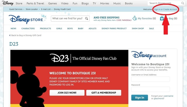 アメリカのディズニーストア公式サイト。右上にある「Sign in or Create Account」をクリックする。