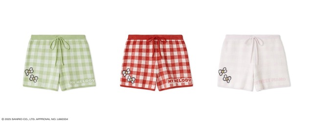 【MY MELODY】ニットショートパンツ/フロントの左裾にキャラクターの名前ロゴ、右裾にリボンなどの刺繍をあしらい、後ろポケットにはキャラクターの顔を刺繍したこだわりのデザイン