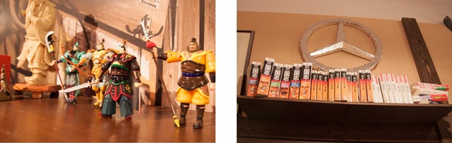 （左）三国志オタクのまやや（出演：太田莉菜）のフィギュア (右)横山光輝の三国志もずらり。なぜか花森さん(鯉渕家のお抱え運転手。ベンツオタク)お手製と思しき、ベンツのエンブレムも…。