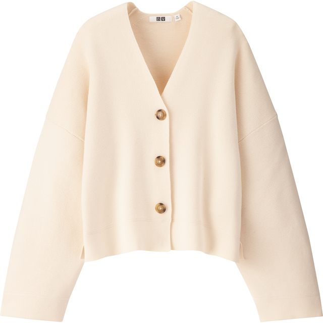 ミラノリブショートVネックカーディガン（長袖）オフホワイト