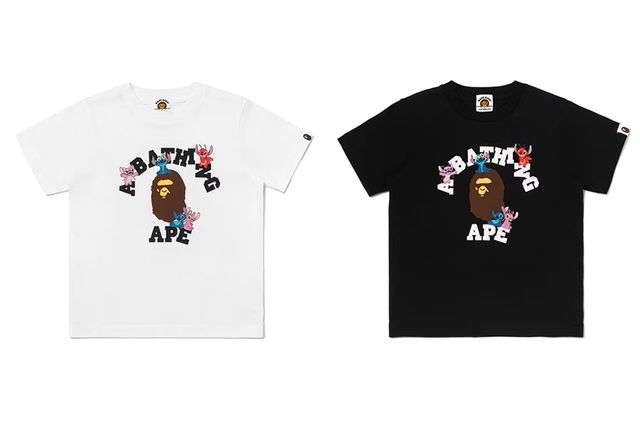 BAPE® X DISNEY STITCH AND FRIENDS COLLEGE TEE COLOR: WHITE, BLACK ¥8,800- (税込)【BAPE® × STITCH】