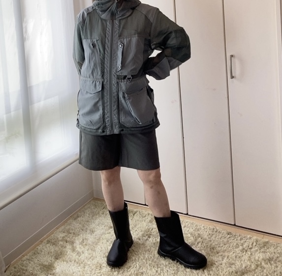 【ワークマン シアサッカーストレッチショートパンツ】ブーツと合わせるとよりスタイル良く見えます