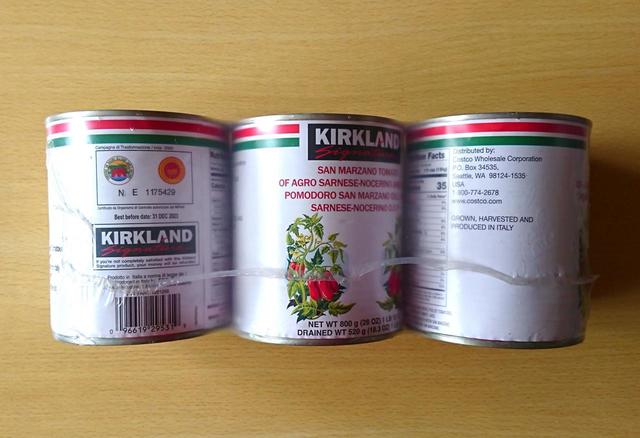 【カークランドシグネチャー　ホールトマト（SAN MARZANO DOP）　2400g（800g×3缶）　1198円】3つセットで2.4kgという容量がコストコらしい