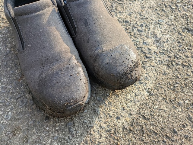 【ワークマン アーバンハイクスリッポン】ついてすぐの泥汚れは水で流すだけで簡単に落とせました◎