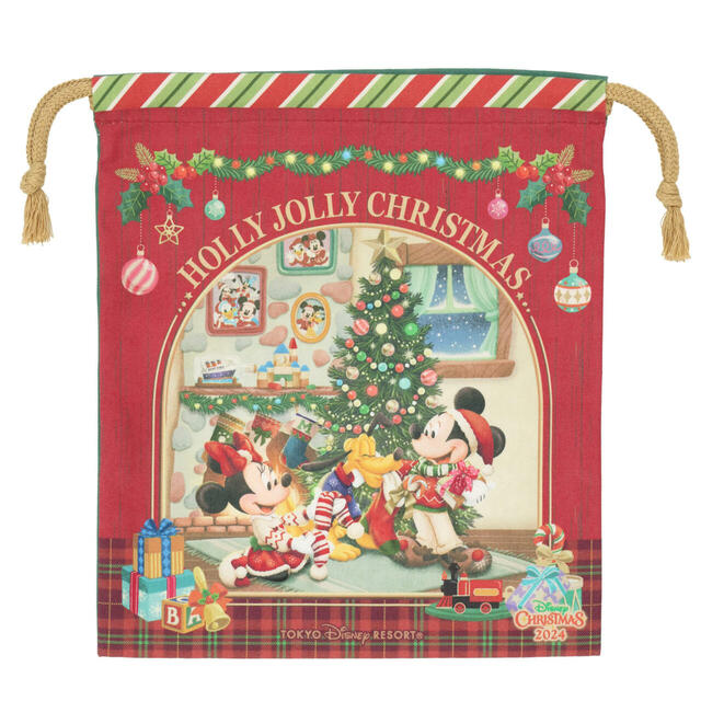 きんちゃく 900円｜東京ディズニーリゾート「ディズニー・クリスマス」スペシャルグッズ｜販売店舗：東京ディズニーランド「ディズニー＆カンパニー」、東京ディズニーシー「ガッレリーア・ディズニー」｜発売日：2024年11月8日（金）