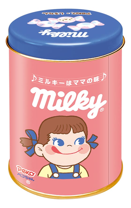 【ペコちゃん×しろたん】「ミルキー缶（ミルキーペコ×ミルキーしろたん）」770円　背面にはペコちゃんも！