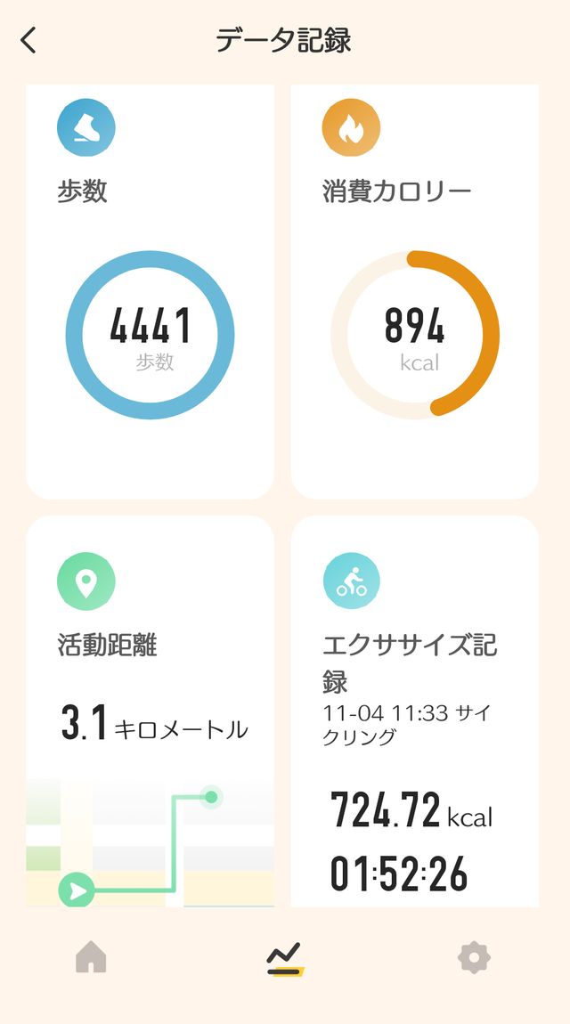 【3COINS デバイスバンドplus】1日の活動量をまとめて表示した実際の画面