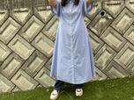 【GU　フレアシャツワンピース】カラーはブルー、オフホワイト、ネイビーがあります。ブルー以外は紫外線を90％以上もカットするUVカット機能付き！