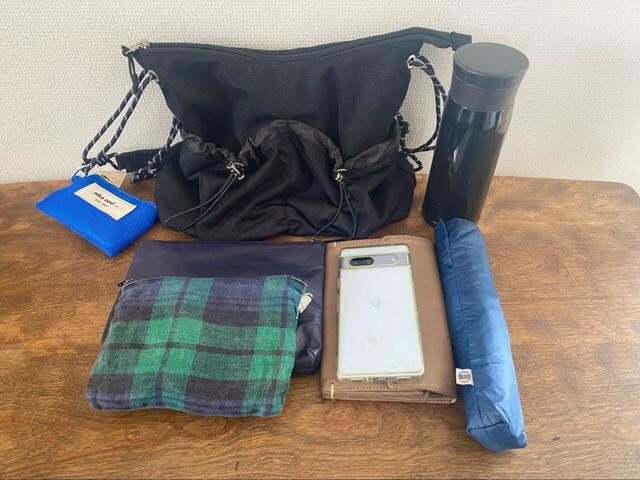 【niko and ... ポーチSETメッシュショルダーバッグ】ポーチ2個・長財布・スマホ・折りたたみ日傘・500ml水筒が入りました!