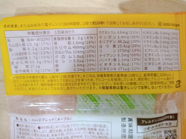 【BASE BREAD メープル】栄養素等表示基準値（18歳以上、基準熱量2200kcal、1日分）に対し、葉酸が45％摂れる