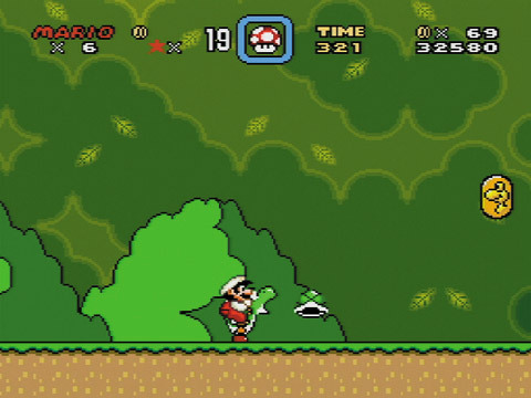 スーパーマリオワールド／ヨッシーはカメレオンのように舌を伸ばして、敵やアイテムを飲み込むことができる。甲羅やアイテムを飲み込んだ場合、飲み込む前に吐き出すことができるぞ。