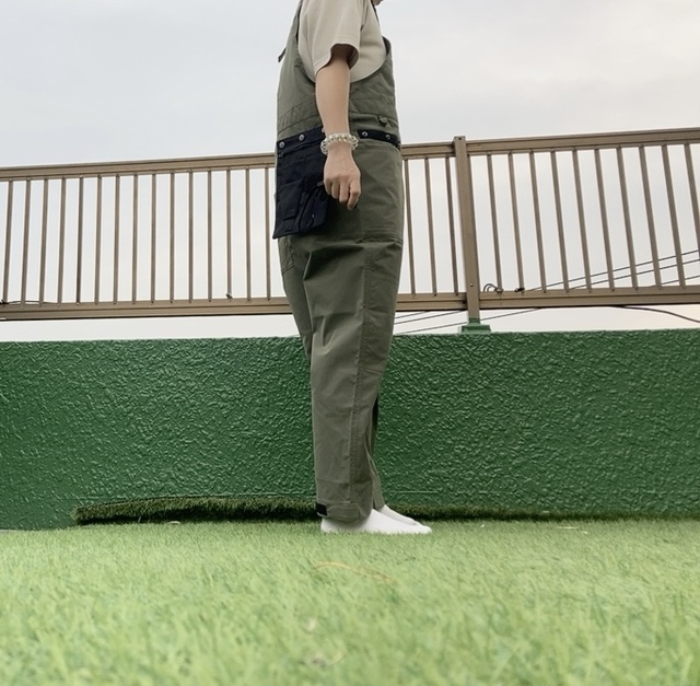 【ワークマン レディースガーデニングサロペット】身長162cm・Lサイズ（グリーン）着用。丈感はぴったりでした