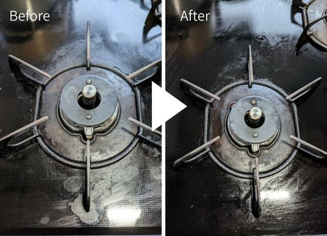 【無印良品 水回りの汚れ用 掃除シート】コンロ周辺の油汚れはおおむねキレイに!五徳周りの古い焦げ付きは重曹ペーストなどを併用すると良さそうです