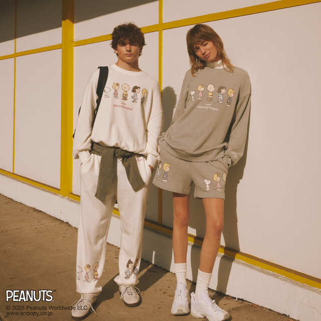 【PEANUTS】裏毛プルオーバー ￥7,920、【PEANUTS】裏毛ショートパンツ　￥6,930、【PEANUTS】【HOMME】裏毛プルオーバー ￥8,580、【PEANUTS】【HOMME】裏毛ロングパンツ ￥9,900