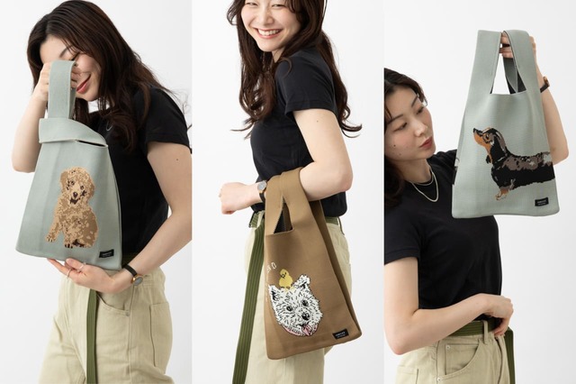 【Jubilee「Jubilee ニットトートバッグ 猫 犬 デザイン」】トイプードル、ダックスフンド、ホワイトテリア＋ちょこんとひよこ
