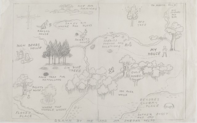 百町森の地図、『クマのプーさん』見返し用のスケッチ、E.H.シェパード、鉛筆画、 1926年、 V&A所蔵