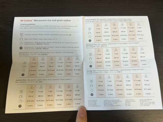 【Joseph Joseph 　電子レンジ炊飯調理器】説明書は各国の言葉で記載してあります