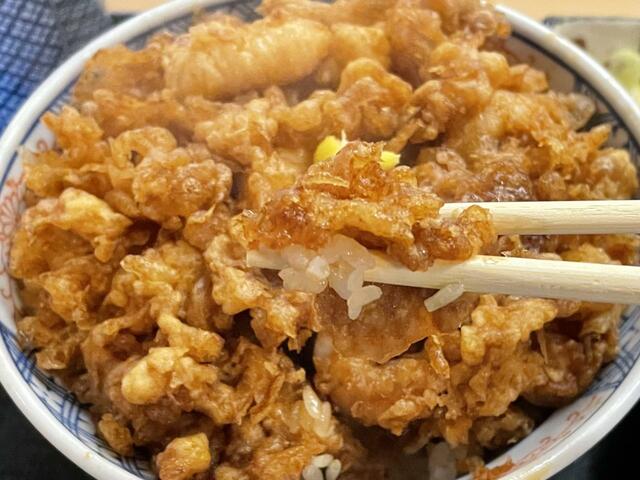 【天茂】佐渡産コシヒカリの上にかき揚げが盛られている