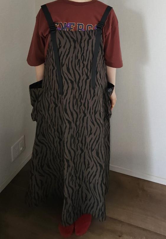 【coen C.Mt エプロンワンピース】身長153cm・Mサイズ着用。肩紐を調整し、くるぶし上5cmくらいの丈感で着られました◎