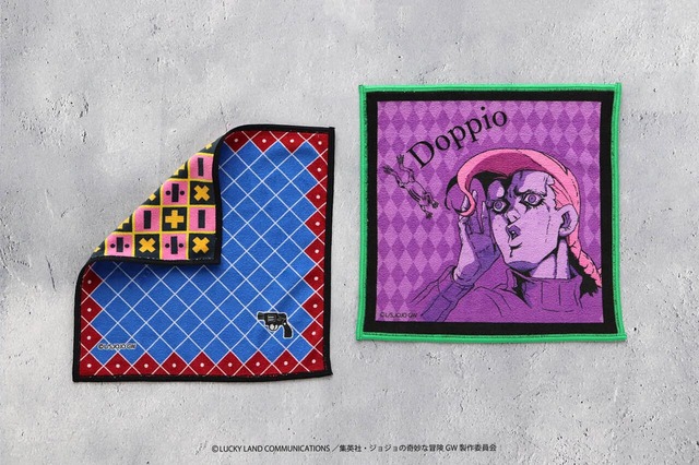 【ジョジョの奇妙な冒険 黄金の風】「スマホ拭き」（サイズ：約25×25cm）各￥1,100／『ミスタ /トリッシュ』と『ドッピオ /ディアボロ』の2柄展開
