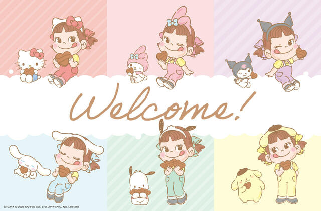 「ペコちゃん×サンリオキャラクターズコラボ 描き下ろし新デザインのパネル」＜期間：2026年1月28日～2月17日＞【「ペコちゃん×サンリオキャラクターズコラボPOPUP ブース」が初登場！「Peko Poko Chocolate Labo」あべのハルカス近鉄本店で開催！】