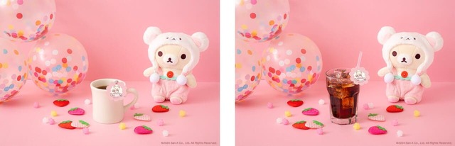 【コリラックマ「KORILAKKUMA 20th ANNIVERSARY CAFÉ」】左：ホットコーヒー・ホットティー　各790円、右：アイスコーヒー・アイスティー・コーラ　・オレンジ・ジンジャーエール　各790円