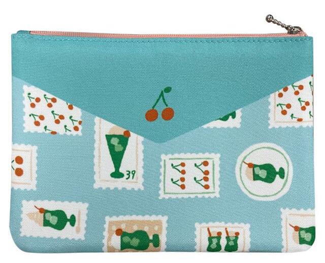 【レトロ日記グッズ：ポーチ】クリームソーダやチェリーが散りばめられた涼しげなポーチです♪