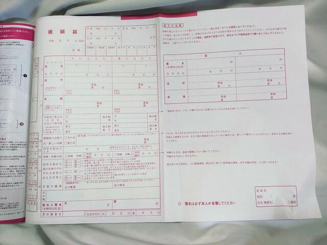 ピンクの婚姻届けつき