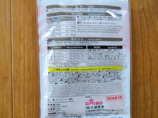 【ダイソー 鶏ささみと野菜のふりかけ】与える目安は、5kgまでの超小型犬には1日あたり1/3袋、5～10kgの小型犬には1/2袋、10～20kgの中型犬には1袋程度