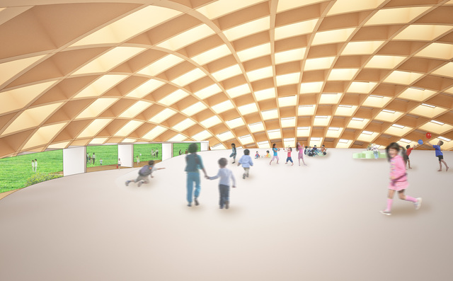 KIDS DOME SORAI_起伏のある床面と空が見える天井が特徴の遊びエリア