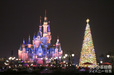 夜の「エンチャンテッド・ストーリーブック・キャッスル」とクリスマスツリー