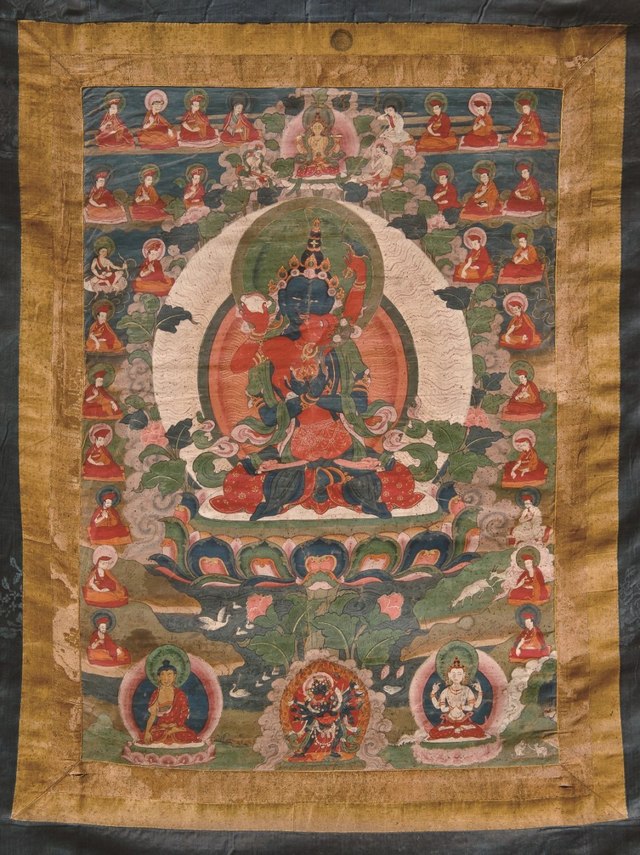 ドルジェ・チャン父母仏 タンカ 18 世紀後期 綿本彩色、鉱物顔料 所蔵：ブータン王国国立博物館