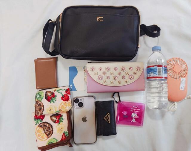 長財布・キーケース・カードケース2つ・ハンカチ・携帯・キーホルダー・ペットボトル・ミニ扇風機・ICカードが入った