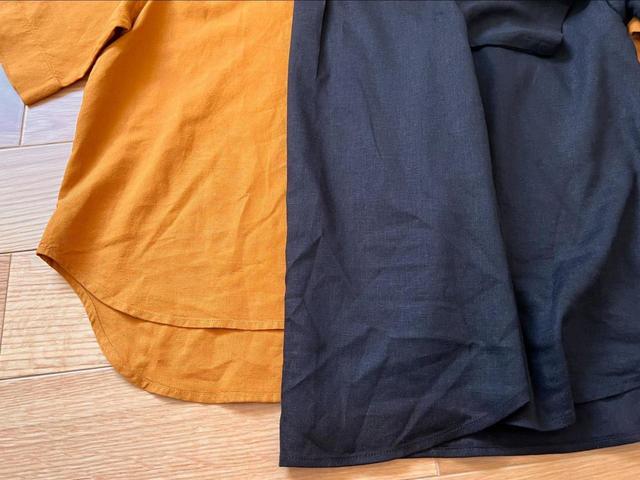 【UNIQLO リネンブレンドオープンカラーシャツ（半袖）GU リネンブレンドオープンカラーシャツ（半袖）】裾はサイズの大きいGUの方が長め