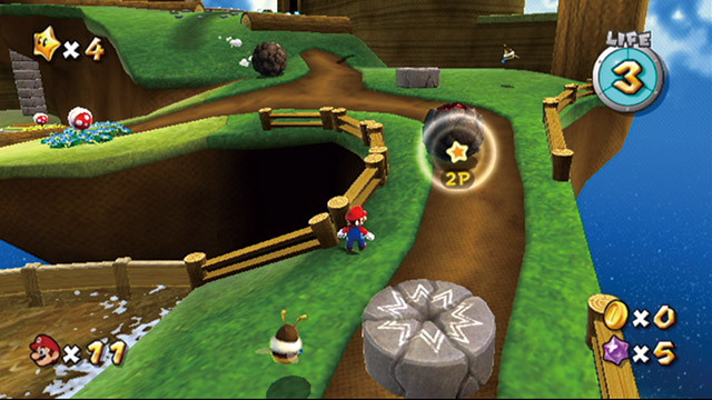 スーパーマリオギャラクシー／本作は基本1人プレイだが、Wiiリモコンが2つあれば2人で遊べる。作中で手に入るスターピースを発射して敵を気絶させたり、敵や障害物をポイントすれば動きを止めることも可能だ。