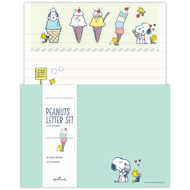 【Peanuts™のステーショナリーコレクション】「レターセット」￥616／アイスを楽しむ様子が夏らしいグリーン