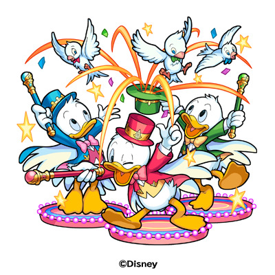 闇属性 ★6「マジシャン ヒューイ&デューイ&ルーイ(進化)」反射 / バランス型 / 種族:ミッキー&フレンズ / アビリティ:ロボットキラー、聖騎士キラー、アンチダメージウォール(ゲージ) / ストライクショット:パワー・オブ・マジック(自身のスピード&パワーがアップ&反撃モードになる) / 友情コンボ:貫通ロックオン衝撃波6|モンスターストライク