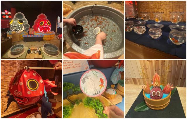 【星野リゾート 青森屋】「じゃわめぐ広場」の屋台。左上・中央上/金魚すくい(1回330円)。右上/金魚鉢の貸し出しも実施。すくった金魚を客室で鑑賞もできる(550円)。左下/レンタルできる金魚形の提灯(無料)。中央下/今年から登場した「ポイみくじ(550円)。右下/隣接する「ヨッテマレ酒場」の「金魚ねぷたアイス」(990円)