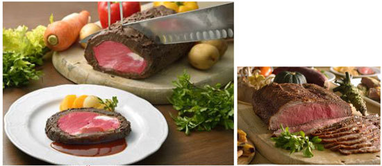 （左）ローストビーフ風 木苺のロールケーキ（右）エトワールで提供中のローストビーフ