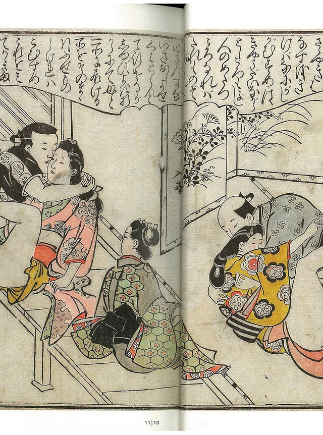 菱川師宣《恋のはなむらさき》天和3(1683)年——[詞書]誰もこの道を好まぬ人はない。そんな中で色を好む男友達二人（中略）二人を口説こうと出かけて行った。ちょうど都合よく母と一緒にいたので、母親も一緒に引き寄せ取り組む。妹がこれを見て、母さまくたびれたなら代役として私が代わりましょうと言えば、母親は心配ない、重ねてすると応えたという。