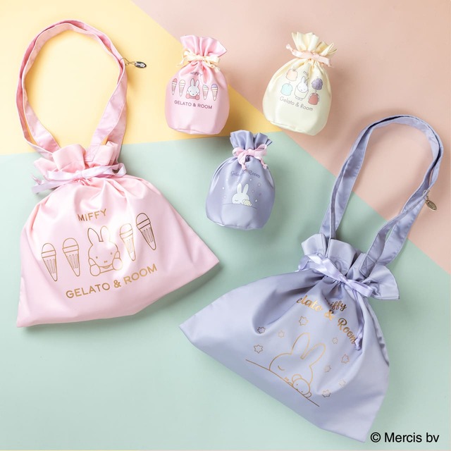 【MIFFY GELATO & ROOM by LOFT】「サテン巾着」(全3種類)各1,540円、「巾着トート」(全2種類)各3,300円