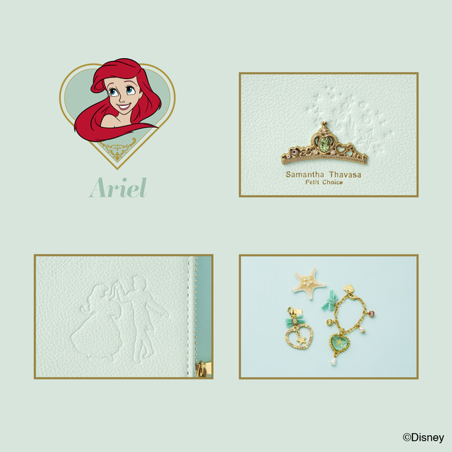 バッグ ¥23,100、長財布 ¥25,300、折財布 ¥23,100、フラグメントケース ¥19,800、スマホストラップ ¥11,000、バッグチャーム ¥6,050、ファスナーチャーム ¥4,400｜サマンサタバサプチチョイス「ディズニープリンセスコレクション」