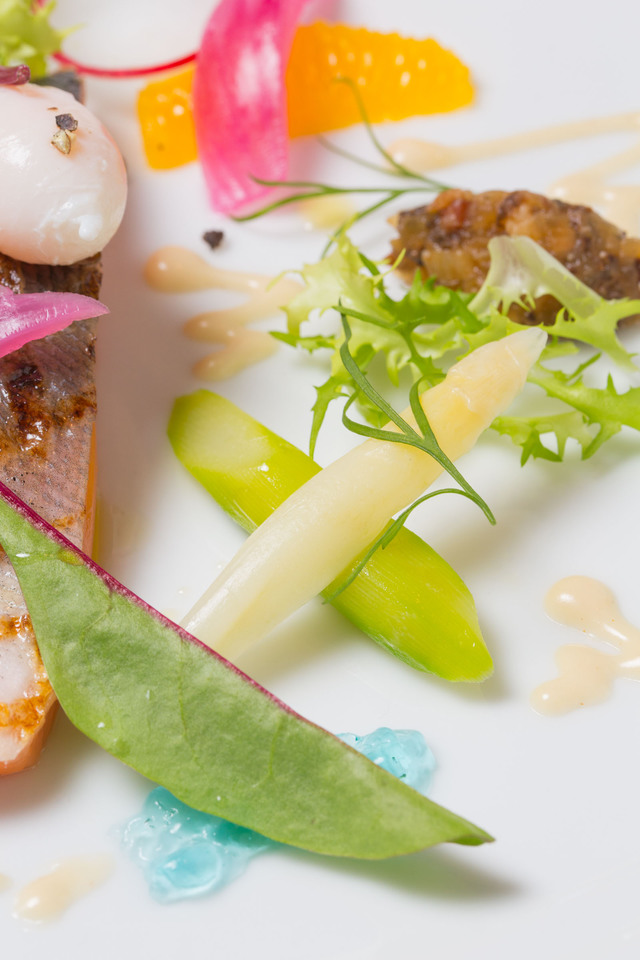 桜鱒のマリネとタイム香るトマトのババロア仕立て グラブラックスソース