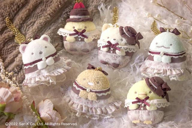 【Maison de FLEUR×すみっコぐらし】バッグチャーム/カラー：左上からWhite（しろくま）/Yellow（えびふらいのしっぽ）/Ivory（ねこ）/Sax（とかげ）/ Beige（とんかつ）/Mint（ぺんぎん？）