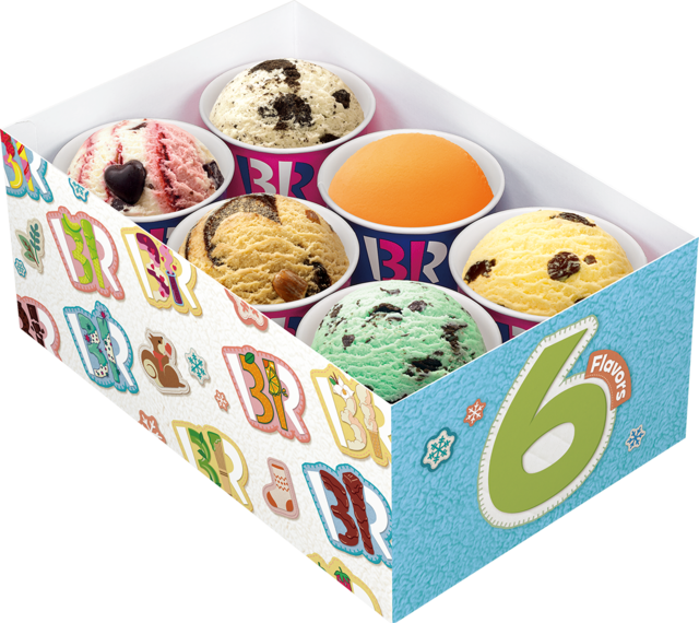 「冬限定デザイン「バラエティボックス」6個入り」＜価格：スモール6コ：1,760円（税込）\レギュラー6コ：2,310円（税込）＞【サーティワンに「トムとジェリー」が初登場！お正月スペシャルセットに“トムの顔アイス”付き限定ハッピーフレンズも！】