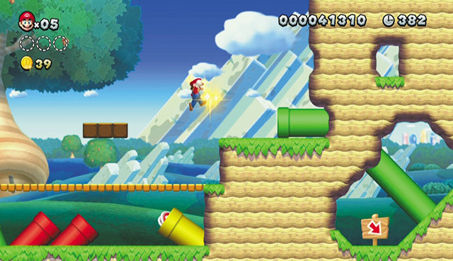 New スーパーマリオブラザーズ U／右へ右へと進んでいく、シリーズおなじみの横スクロールアクションだ。