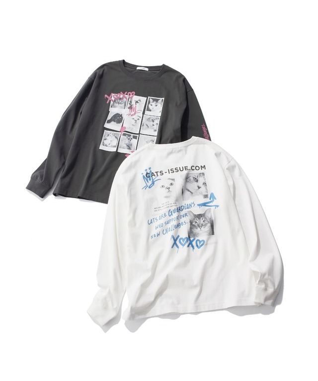 【Cat's ISSUE×グローバルワーク】「Cat's ISSUE/ヘビロッＴ猫フォト長袖」3,990円（オフホワイト / チャコール、サイズ：FREE）、「Cat's ISSUE_ヘビロッT猫フォト長袖/キッズ」2,790円（オフホワイト / チャコール、サイズ：120～140）