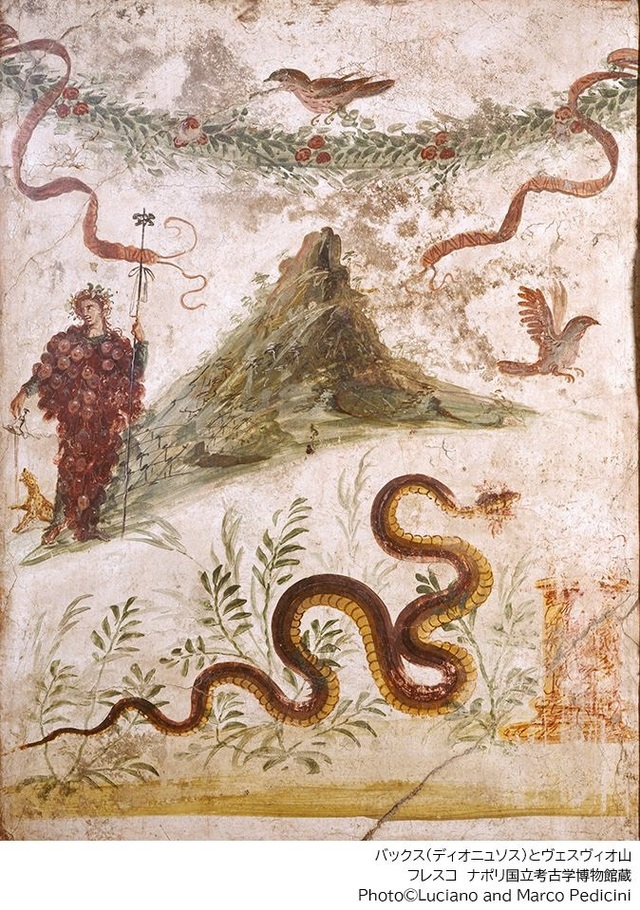 『特別展「ポンペイ」』《バックス（ディオニュソス）とヴェスヴィオ山》フレスコ　ナポリ国立考古学博物館蔵
