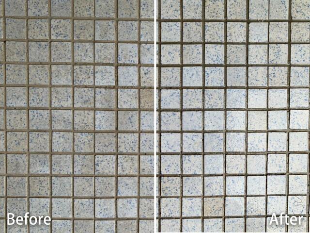 【カインズ　玄関タイルの汚れを落とすブラッシングスポンジ】左が掃除前、右が掃除後